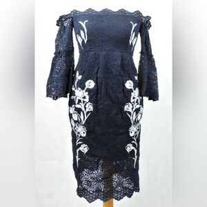 Maternity Chic Navy Lace Dress with White Floral Detail